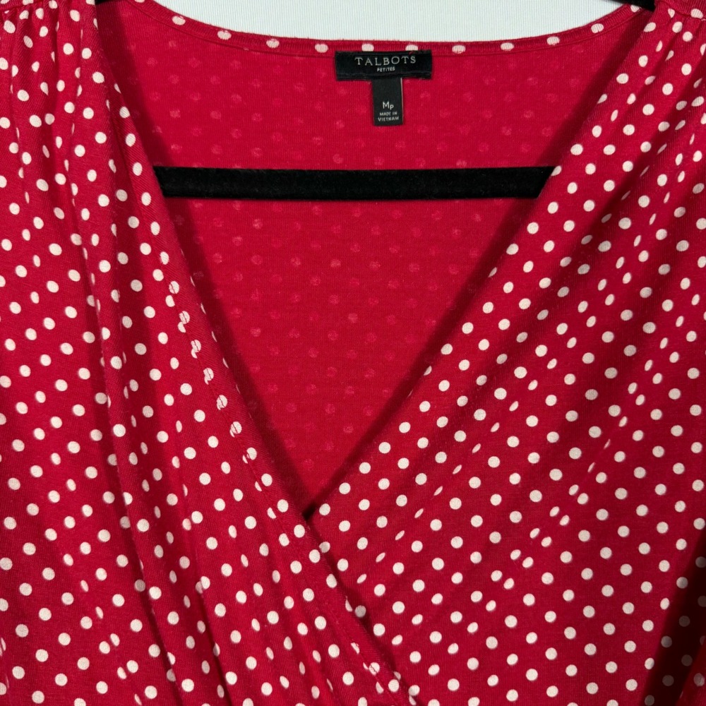 Talbots Petites Red White Polka Dot Faux Wrap Ruched V-Neck Top MP Minimalist - Picture 6 of 7